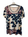 Tory Burch Size L Beige & Blue Cotton Short Sleeve Floral Scoop Neck Logo Top Beige & Blue / L