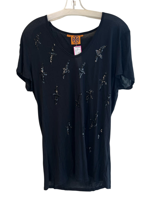Tory Burch Size L Black Modal Short Sleeve Sequin Design Scoop Neck Top Black / L