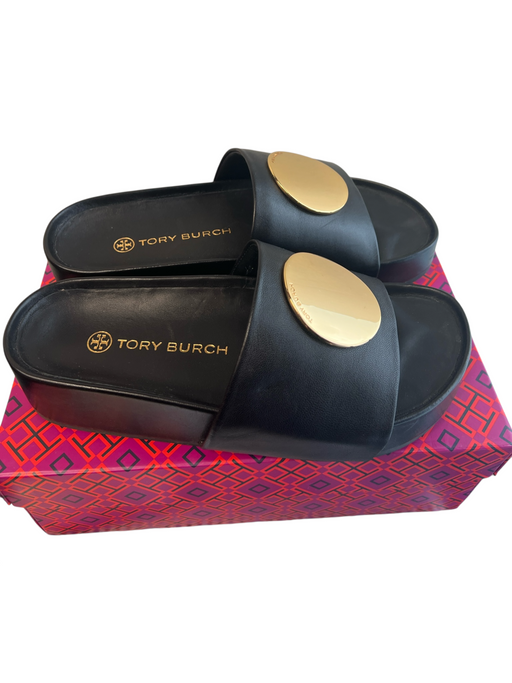 Tory Burch Shoe Size 7 Black Leather gold disks Open Toe & Heel Slide Shoes Black / 7