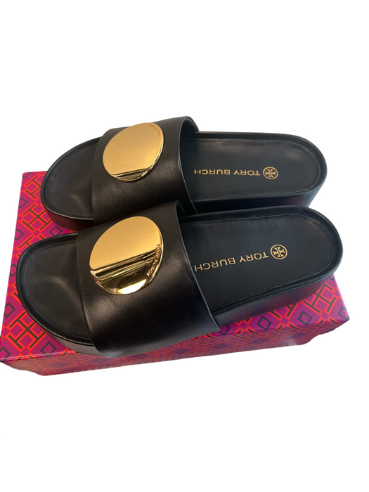 Tory Burch Shoe Size 7 Black Leather gold disks Open Toe & Heel Slide Shoes Black / 7
