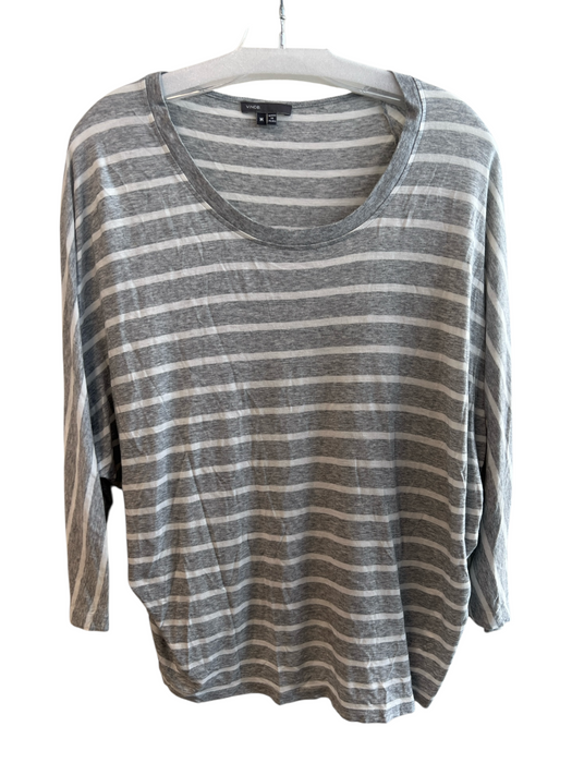 Vince Size Medium Gray & White Cotton Blend Striped 3/4 Sleeve Round Neck Top Gray & White / Medium