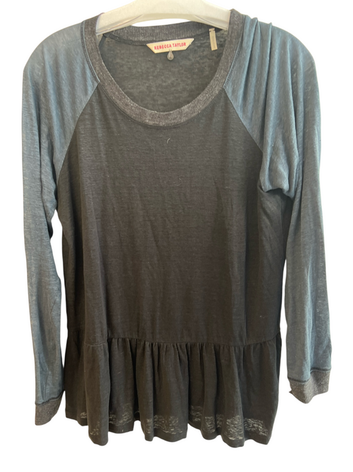 Rebecca Taylor Size Large Black & Navy Linen Round Neck Long Sleeve Top Black & Navy / Large