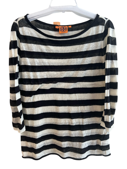 Tory Burch Size Large Black & White Linen & Cotton Wide Stripes Wide Neck Top Black & White / Large
