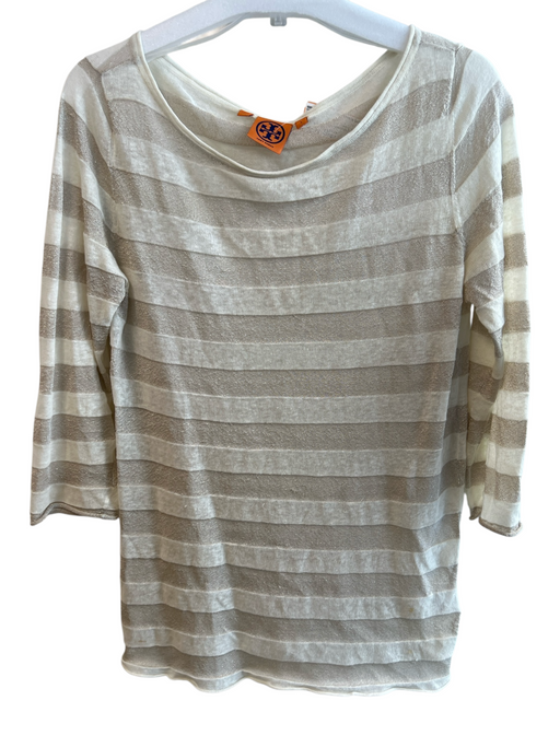 Tory Burch Size Large Tan & Gold Rayon & Viscose Wide Stripes Wide Neck Top Tan & Gold / Large