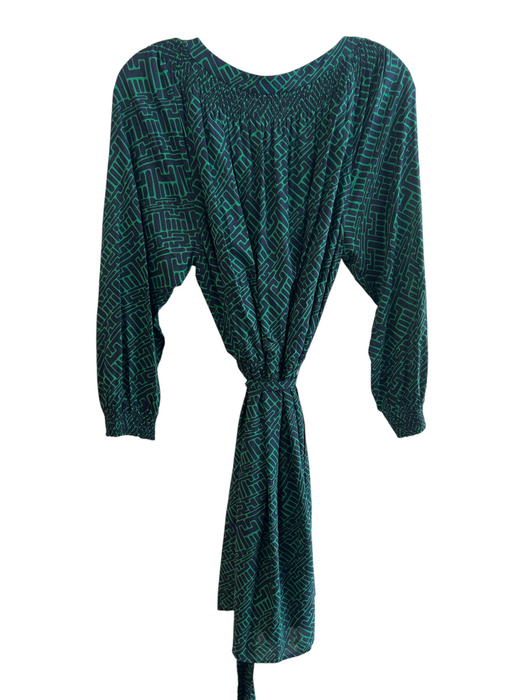 Shoshanna Size 10 Green & Navy Silk Blend Long Sleeve All Over Print Belt Dress Green & Navy / 10