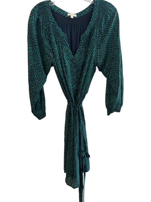 Shoshanna Size 10 Green & Navy Silk Blend Long Sleeve All Over Print Belt Dress Green & Navy / 10