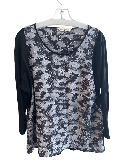 Rebecca Taylor Size 12 Black & Gray Silk Round Neck 3/4 Sleeve Partial Print Top Black & Gray / 12