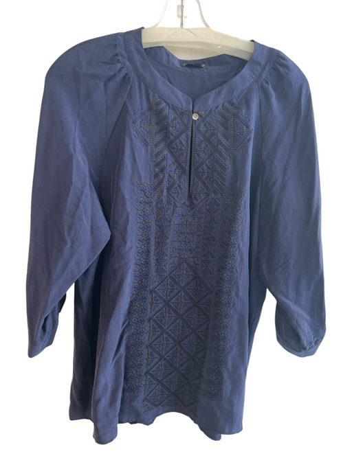 Theory Size Large Navy Silk 3/4 Sleeve Embroidery Front keyhole Top Navy / Large