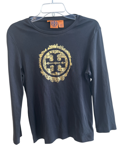 Tory Burch Size XL Black & Gold Pima Cotton Long Sleeve Crew Neck Logo Top Black & Gold / XL