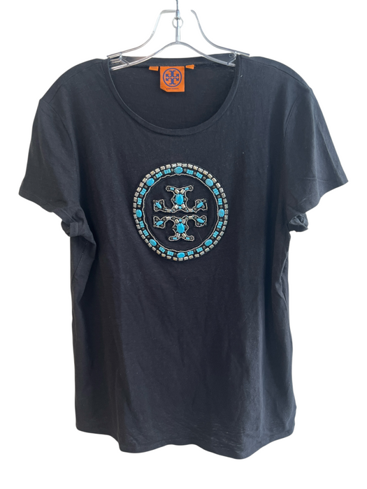 Tory Burch Size Large Black Cotton Short Sleeve Turquoise stones Logo Top Black / Large