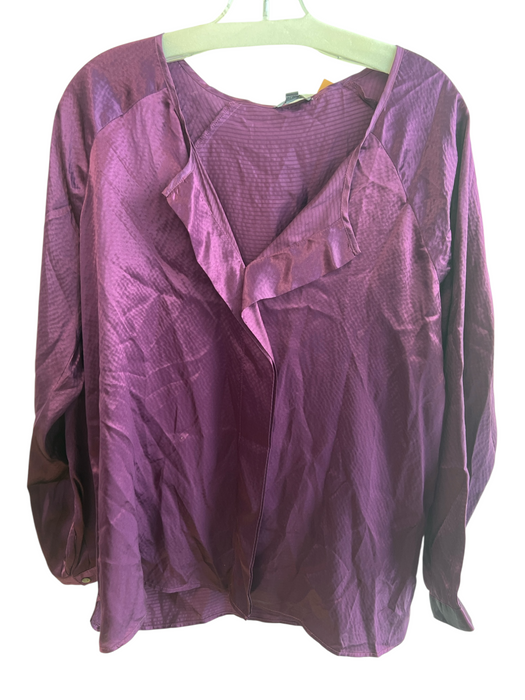 Lilla P Size Large Eggplant Silk Long Sleeve V Neck Ruffle Accent Top Eggplant / Large