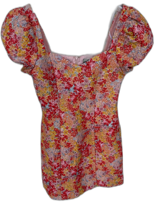 Lulus Size S Red & Yellow Polyester jaquard Short Balloon Sleeve Flowers Dress Red & Yellow / S