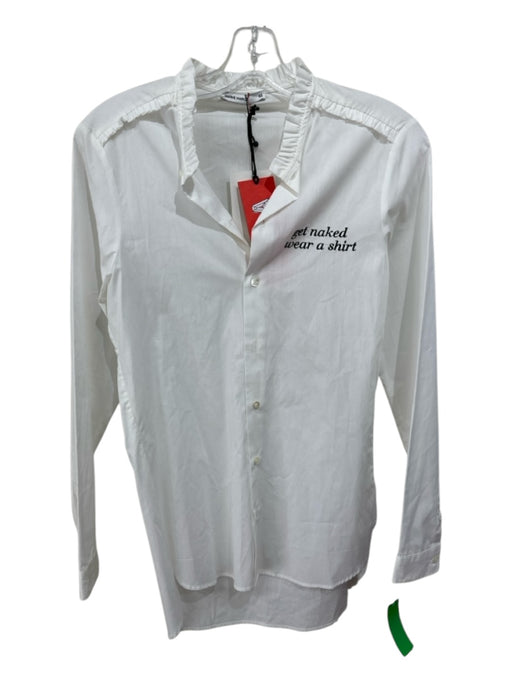 Marie Marot Size XS White Cotton Button Front Ruffle Neckline Side Slit Text Top White / XS