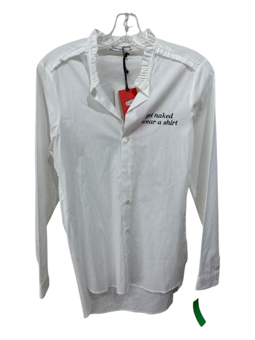 Marie Marot Size XS White Cotton Button Front Ruffle Neckline Side Slit Text Top White / XS