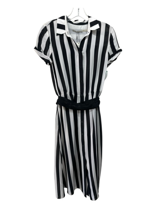 Alice + Olivia Size 2 Black & White Silk Short Sleeve Striped Button Front Dress Black & White / 2