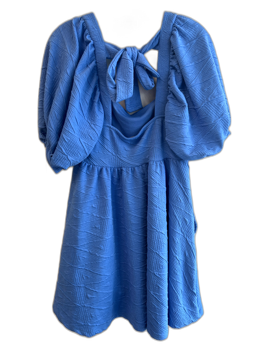 Free People Size Medium Blue Polyester Half Puff Sleeve Textured Open Back Dress Blue / Medium