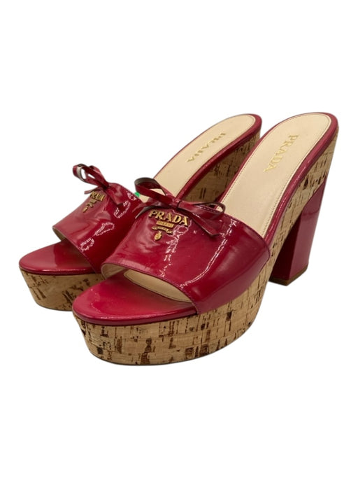 Prada Shoe Size 39 Red & Tan Patent Leather Cork Logo Bow Platform Mules Red & Tan / 39