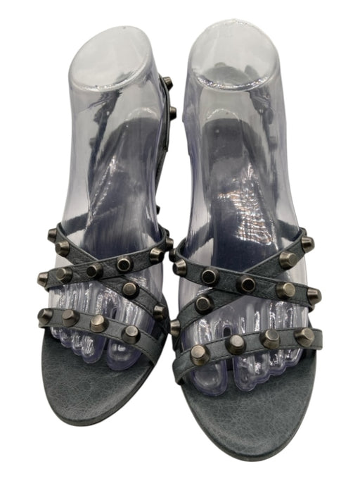 Balenciaga Shoe Size 40 Dark Gray Leather Studded Slingback Strappy Wedges Dark Gray / 40