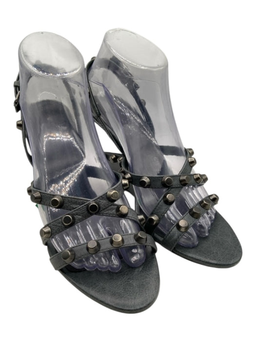 Balenciaga Shoe Size 40 Dark Gray Leather Studded Slingback Strappy Wedges Dark Gray / 40