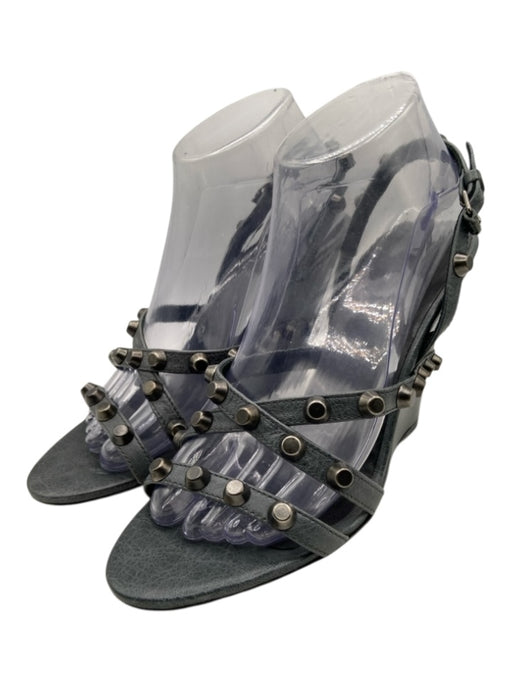 Balenciaga Shoe Size 40 Dark Gray Leather Studded Slingback Strappy Wedges Dark Gray / 40