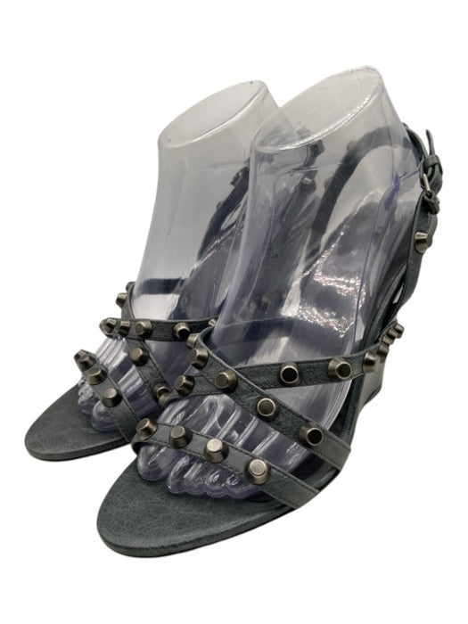 Balenciaga Shoe Size 40 Dark Gray Leather Studded Slingback Strappy Wedges Dark Gray / 40