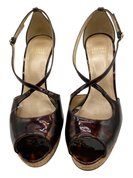 Stuart Weitzman Shoe Size 8.5 Brown & Tan Patent Leather Cork Peep Toe Pumps Brown & Tan / 8.5