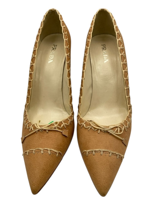 Prada Shoe Size 39 Beige & Cream Leather Whipstitch Bow Pointed Toe Pumps Beige & Cream / 39