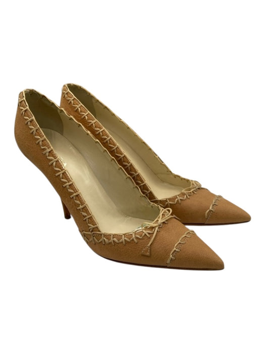 Prada Shoe Size 39 Beige & Cream Leather Whipstitch Bow Pointed Toe Pumps Beige & Cream / 39