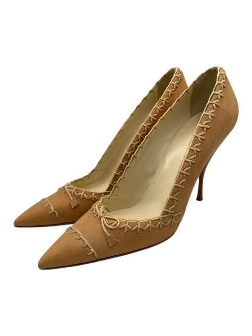 Prada Shoe Size 39 Beige & Cream Leather Whipstitch Bow Pointed Toe Pumps Beige & Cream / 39