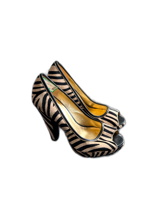 Coach Shoe Size 9 Tan, Black & Gold Pony Hair Peep Toe Zebra Print Pumps Tan, Black & Gold / 9