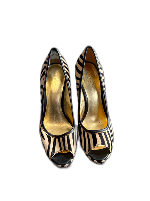 Coach Shoe Size 9 Tan, Black & Gold Pony Hair Peep Toe Zebra Print Pumps Tan, Black & Gold / 9