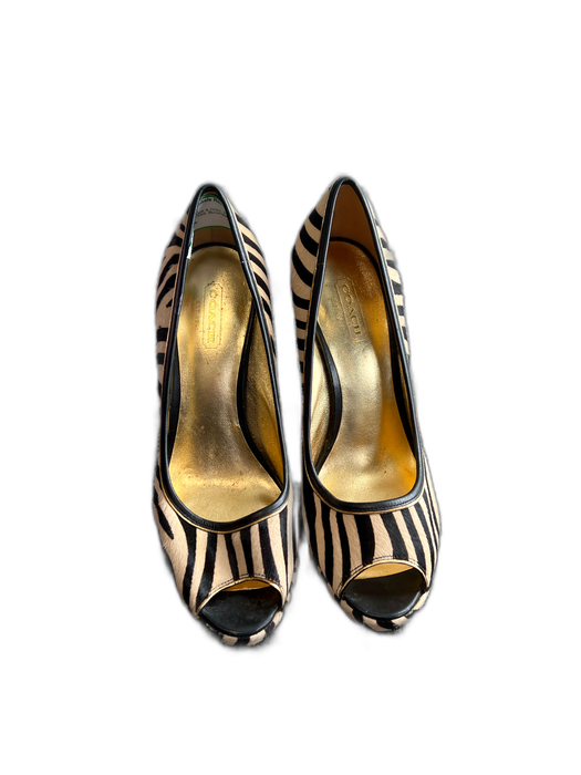 Coach Shoe Size 9 Tan, Black & Gold Pony Hair Peep Toe Zebra Print Pumps Tan, Black & Gold / 9