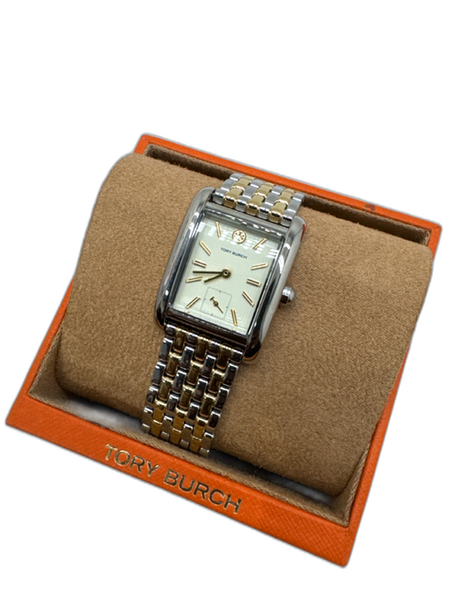 Tory Burch Silver & Gold Stainless steel Rectangle Face Cream Dial Watches Silver & Gold