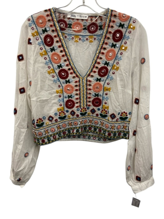 Zara Size S White, Pink, & Multi Cotton V Neck Embroidered Design Top White, Pink, & Multi / S