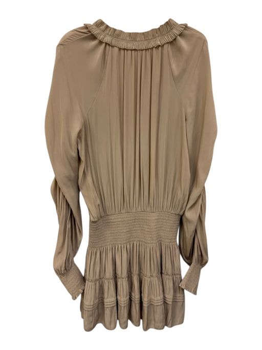 Ramy Brook Size S Beige Polyester Long Sleeve Split Neck Smocked Waist Dress Beige / S
