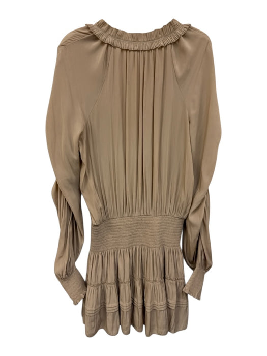 Ramy Brook Size S Beige Polyester Long Sleeve Split Neck Smocked Waist Dress Beige / S