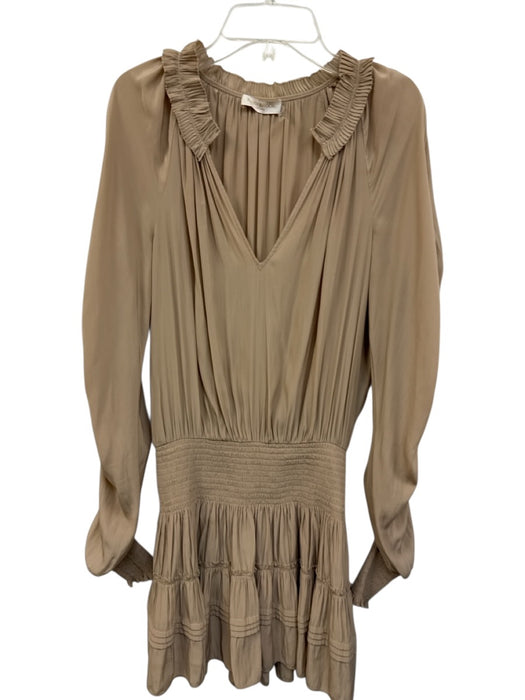 Ramy Brook Size S Beige Polyester Long Sleeve Split Neck Smocked Waist Dress Beige / S