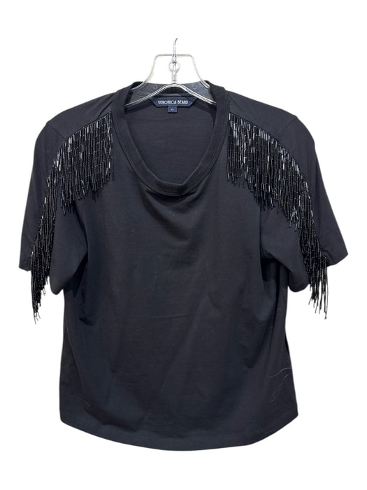 Veronica Beard Size XS Black Cotton Blend Beaded Fringe Crew Neck Top Black / XS