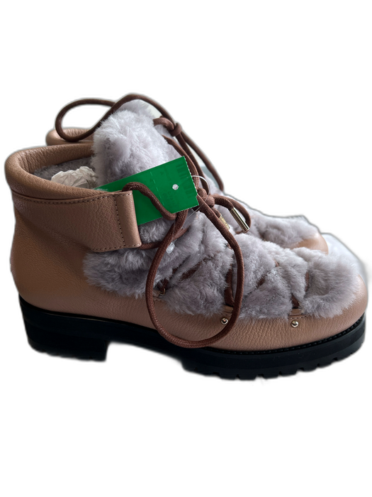 Jimmy Choo Shoe Size 40.5 Pale Pink & Gray Grain Leather Sherling lace up Boots Pale Pink & Gray / 40.5