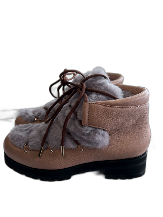 Jimmy Choo Shoe Size 40.5 Pale Pink & Gray Grain Leather Sherling lace up Boots Pale Pink & Gray / 40.5
