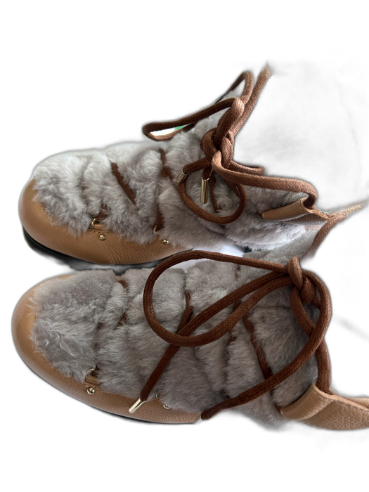 Jimmy Choo Shoe Size 40.5 Pale Pink & Gray Grain Leather Sherling lace up Boots Pale Pink & Gray / 40.5