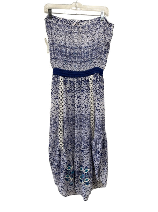 Ramy Brook Size M White & Blue Polyester Abstract Print Drawstring Waist Dress White & Blue / M