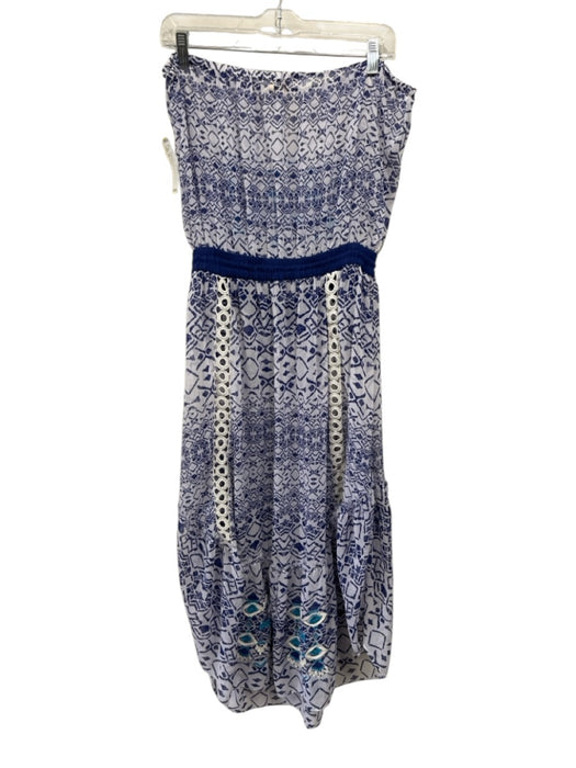 Ramy Brook Size M White & Blue Polyester Abstract Print Drawstring Waist Dress White & Blue / M