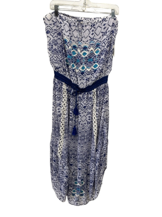 Ramy Brook Size M White & Blue Polyester Abstract Print Drawstring Waist Dress White & Blue / M