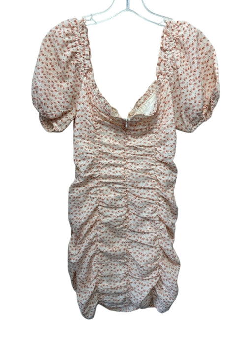 ASTR Size M Cream White & Pink Polyester Floral Short Puff Sleeve Ruched Dress Cream White & Pink / M