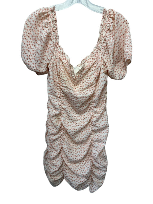 ASTR Size M Cream White & Pink Polyester Floral Short Puff Sleeve Ruched Dress Cream White & Pink / M
