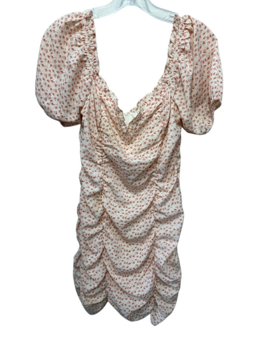 ASTR Size M Cream White & Pink Polyester Floral Short Puff Sleeve Ruched Dress Cream White & Pink / M