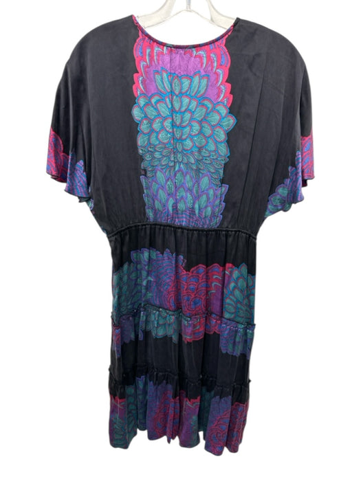 Hale Bob Size Est XS Black, Purple & Blue Silk Blend Floral Cap Sleeve Dress Black, Purple & Blue / Est XS