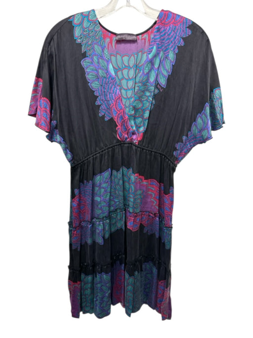 Hale Bob Size Est XS Black, Purple & Blue Silk Blend Floral Cap Sleeve Dress Black, Purple & Blue / Est XS