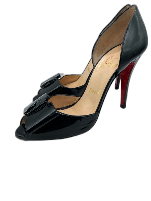Christian Louboutin Shoe Size 39.5 Black Patent Bow Accent Peep Toe Heeled Pumps Black / 39.5